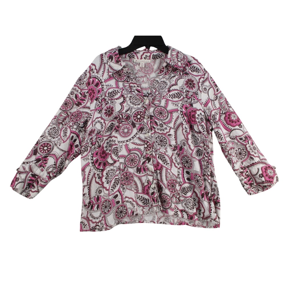 JM Collection Petite Pink Paisley Floral 100% Linen Button Up Blouse 12P